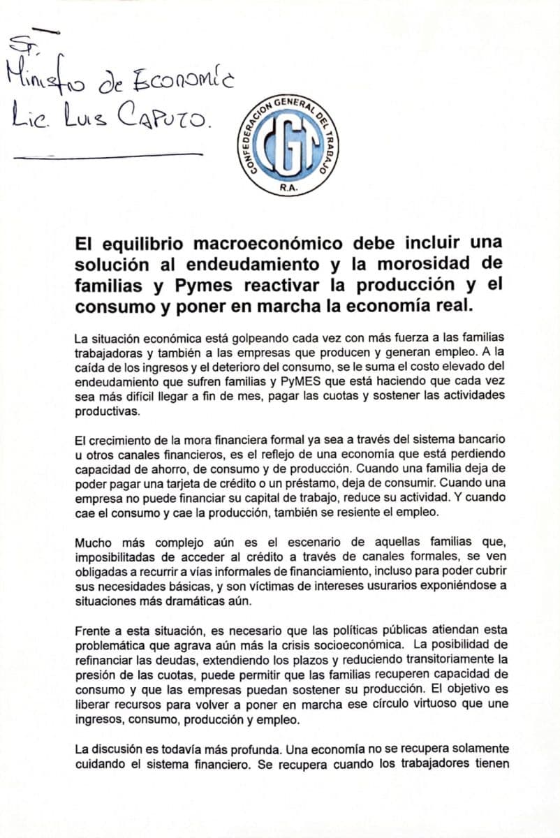 Nota de la CGT al Ministro de Economía, Lic. Luis Caputo